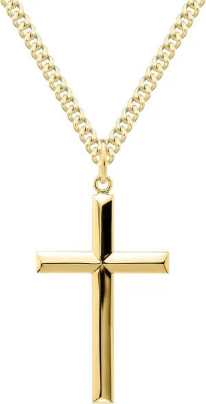 14KT Gold-Filled Beveled Edge Cross Necklace pendant with 24" Gold Plated Stainless Steel Chain, 24"