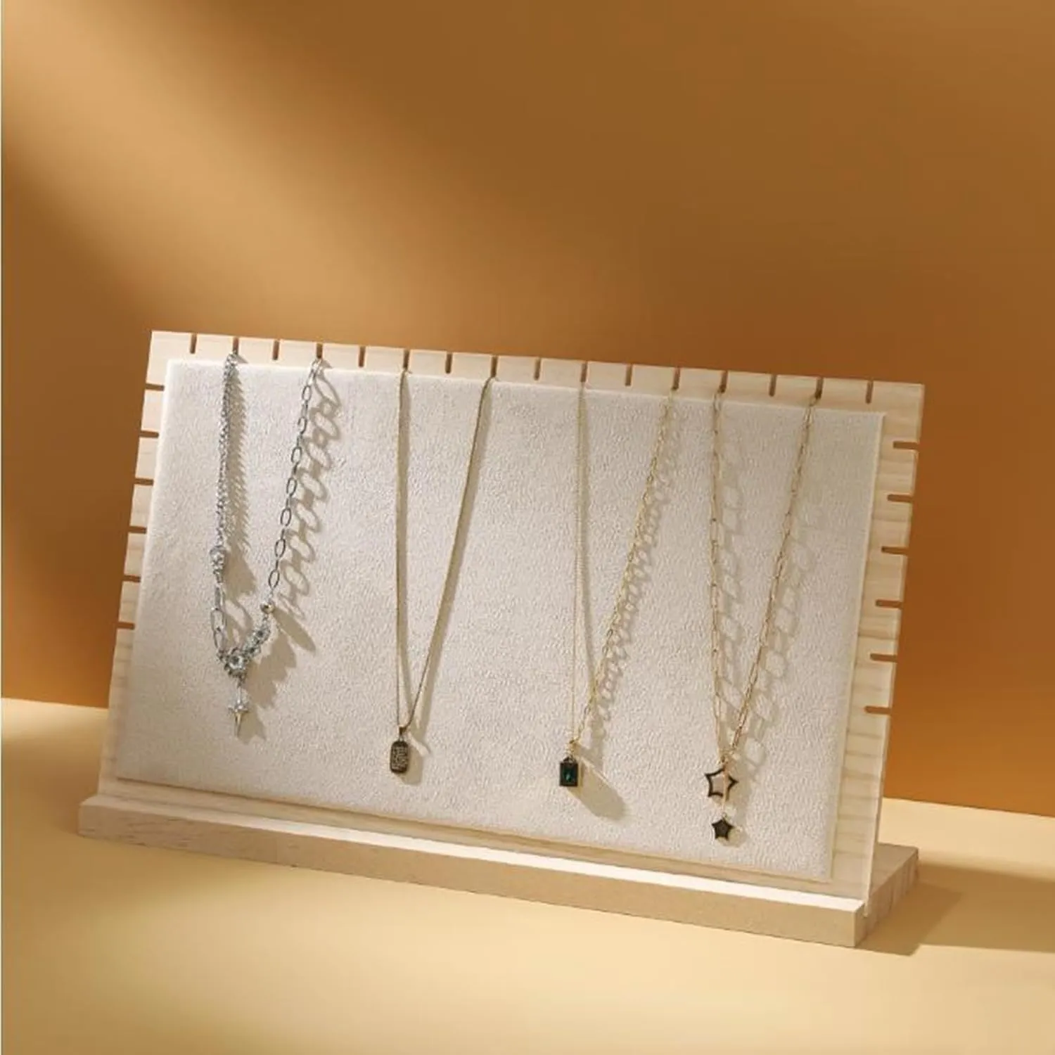15.5" Horizontal Necklace Jewelry Display Stand with Flannelette Soft Mat Wood Necklace Pendant Chain Jewelry Tabletop Display Storage Holder for Vendors Exhibitor Craft Shows (1, Apricot)