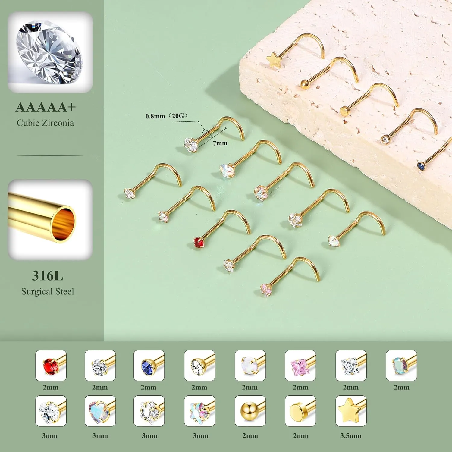 15Pcs 20G Nose Rings Surgical Steel Nose Studs 18G L Shaped Nose Stud Gold Nose Ring Stud CZ Opal Nose Ring Heart Cute L Shape Star Nose Piercing for Women Men