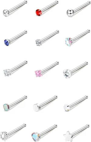 15Pcs 20G Nose Rings Surgical Steel Nose Studs 18G L Shaped Nose Stud Gold Nose Ring Stud CZ Opal Nose Ring Heart Cute L Shape Star Nose Piercing for Women Men