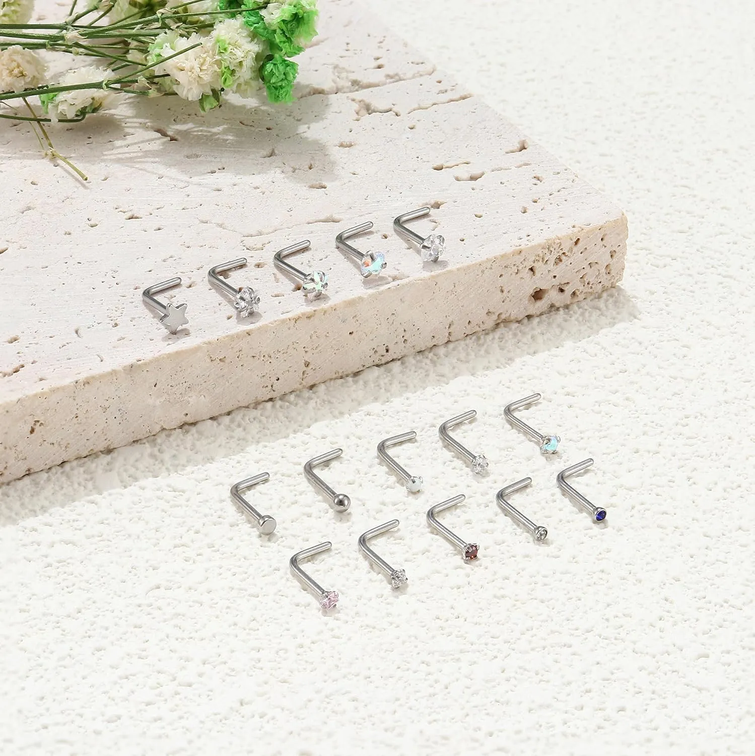 15Pcs 20G Nose Rings Surgical Steel Nose Studs 18G L Shaped Nose Stud Gold Nose Ring Stud CZ Opal Nose Ring Heart Cute L Shape Star Nose Piercing for Women Men