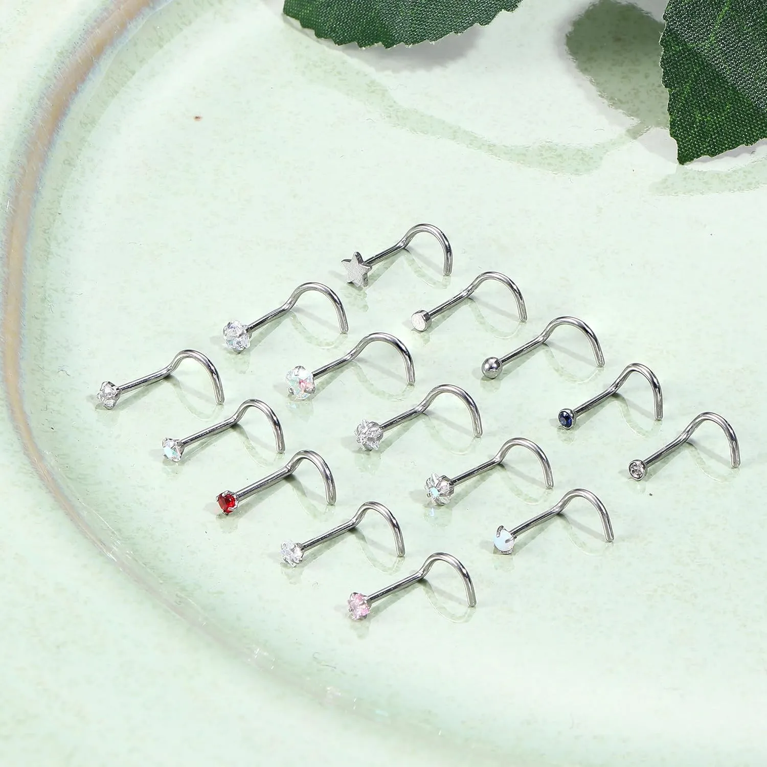 15Pcs 20G Nose Rings Surgical Steel Nose Studs 18G L Shaped Nose Stud Gold Nose Ring Stud CZ Opal Nose Ring Heart Cute L Shape Star Nose Piercing for Women Men