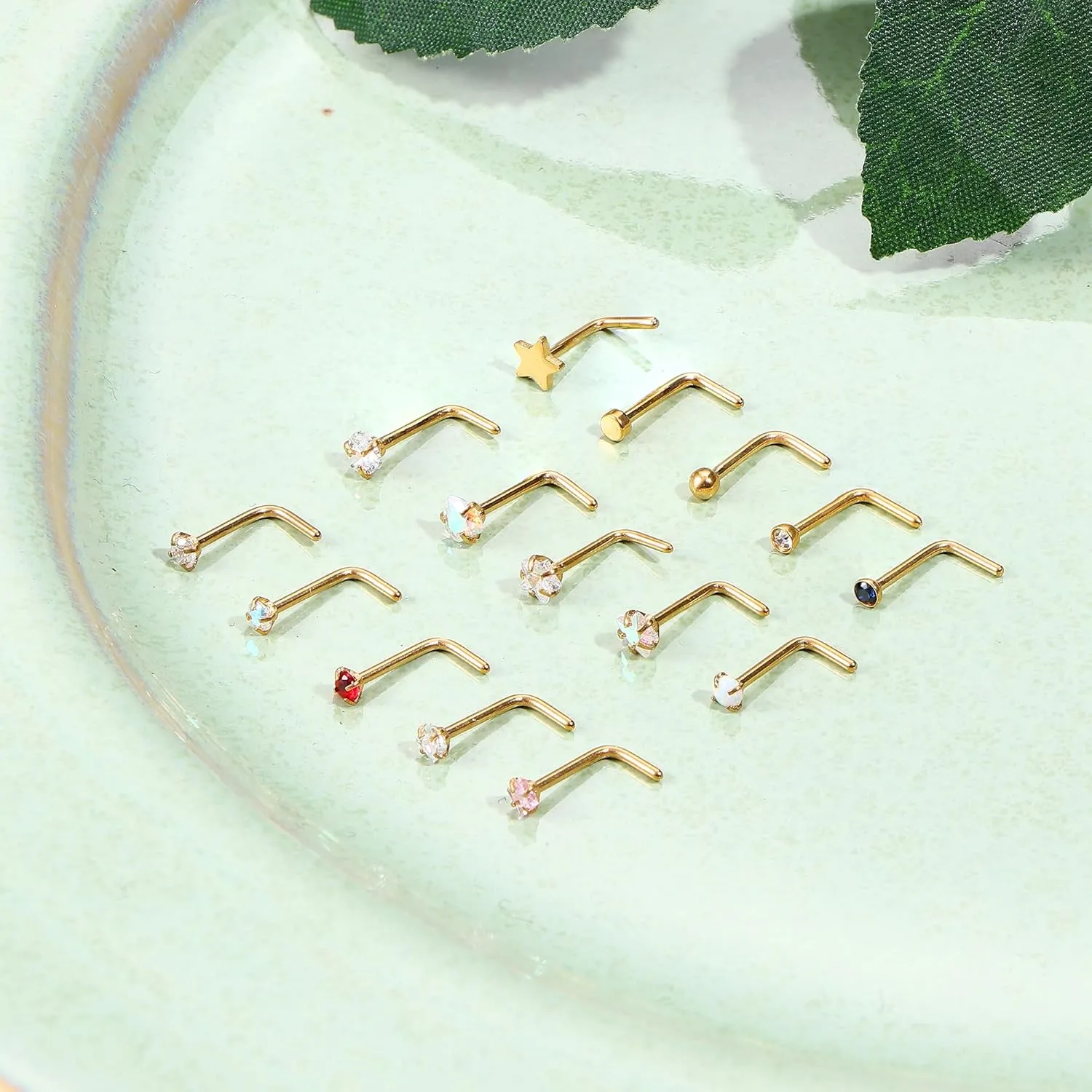 15Pcs 20G Nose Rings Surgical Steel Nose Studs 18G L Shaped Nose Stud Gold Nose Ring Stud CZ Opal Nose Ring Heart Cute L Shape Star Nose Piercing for Women Men