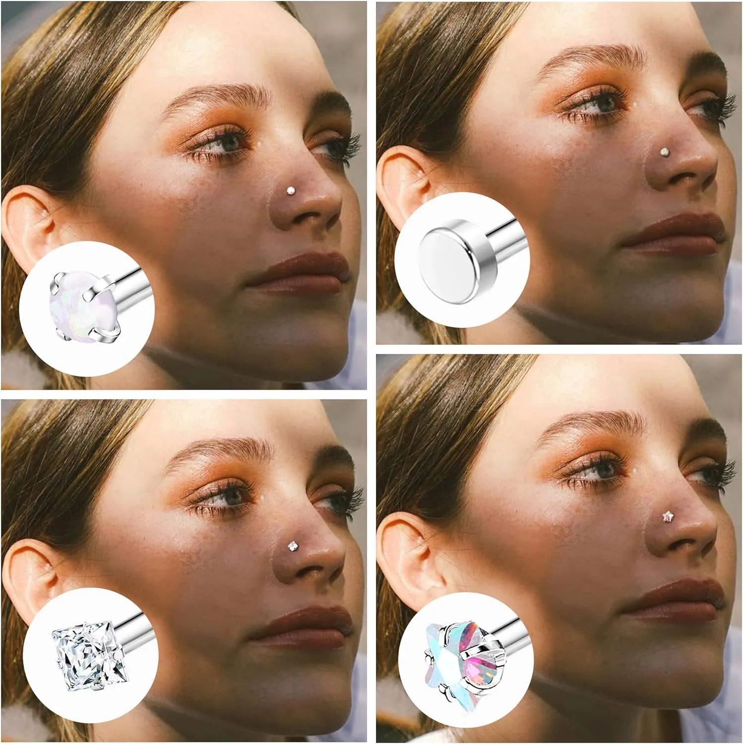 15Pcs 20G Nose Rings Surgical Steel Nose Studs 18G L Shaped Nose Stud Gold Nose Ring Stud CZ Opal Nose Ring Heart Cute L Shape Star Nose Piercing for Women Men
