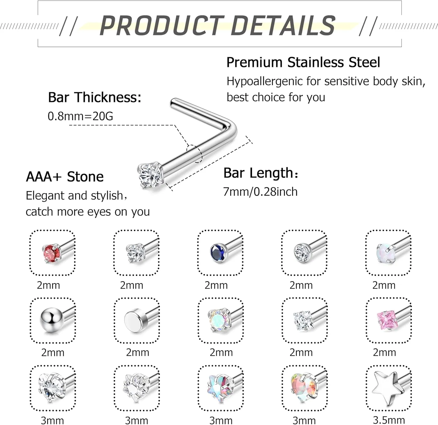 15Pcs 20G Nose Rings Surgical Steel Nose Studs 18G L Shaped Nose Stud Gold Nose Ring Stud CZ Opal Nose Ring Heart Cute L Shape Star Nose Piercing for Women Men