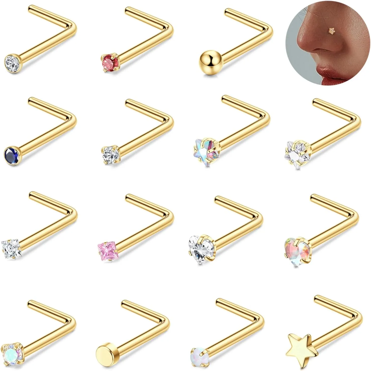 15Pcs 20G Nose Rings Surgical Steel Nose Studs 18G L Shaped Nose Stud Gold Nose Ring Stud CZ Opal Nose Ring Heart Cute L Shape Star Nose Piercing for Women Men