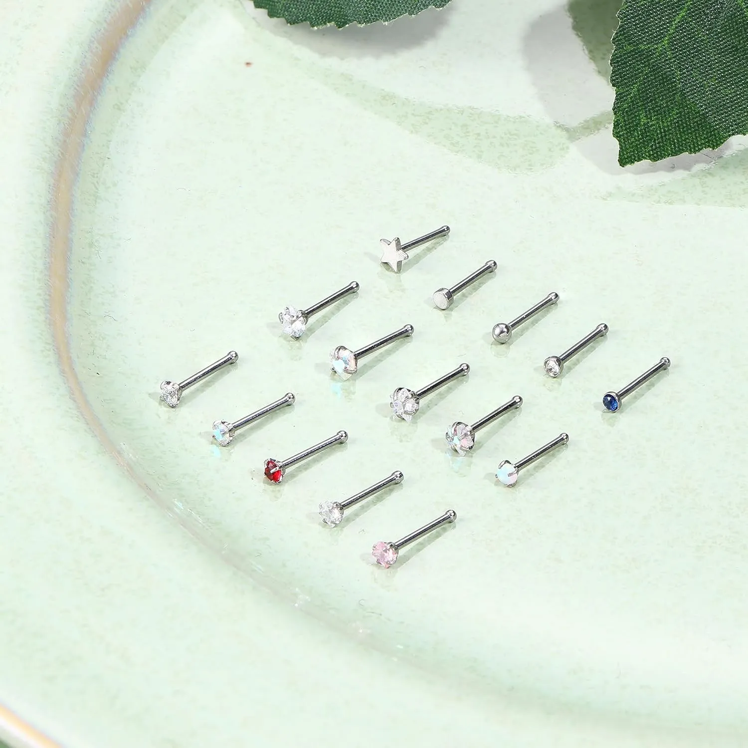 15Pcs 20G Nose Rings Surgical Steel Nose Studs 18G L Shaped Nose Stud Gold Nose Ring Stud CZ Opal Nose Ring Heart Cute L Shape Star Nose Piercing for Women Men