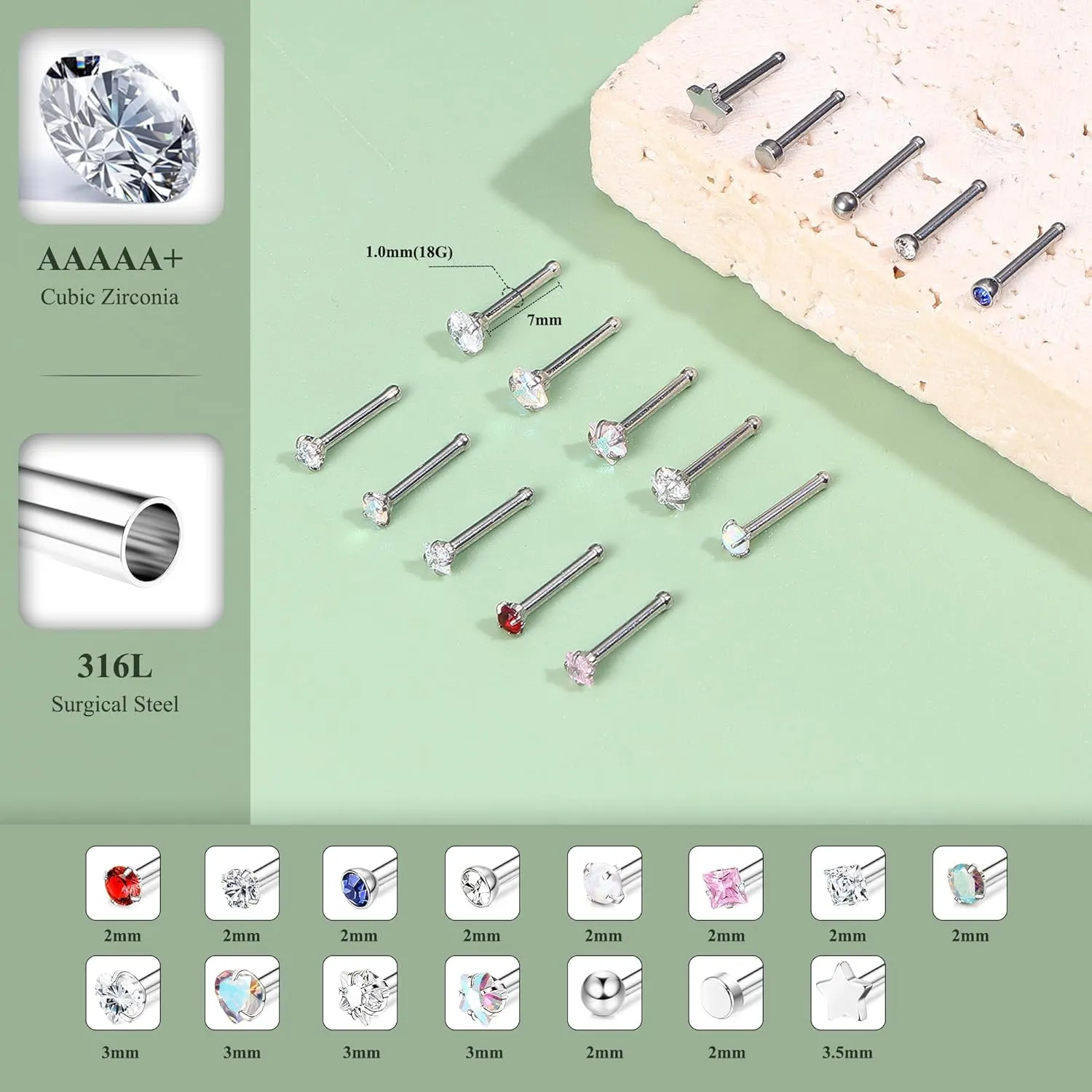 15Pcs 20G Nose Rings Surgical Steel Nose Studs 18G L Shaped Nose Stud Gold Nose Ring Stud CZ Opal Nose Ring Heart Cute L Shape Star Nose Piercing for Women Men
