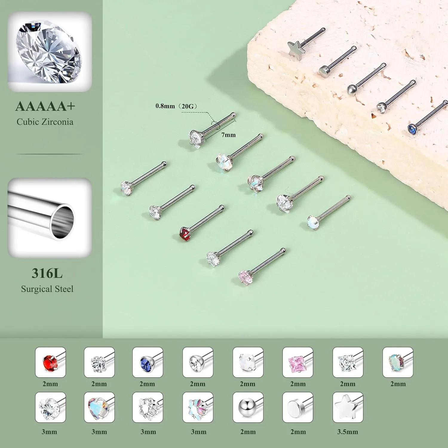 15Pcs 20G Nose Rings Surgical Steel Nose Studs 18G L Shaped Nose Stud Gold Nose Ring Stud CZ Opal Nose Ring Heart Cute L Shape Star Nose Piercing for Women Men