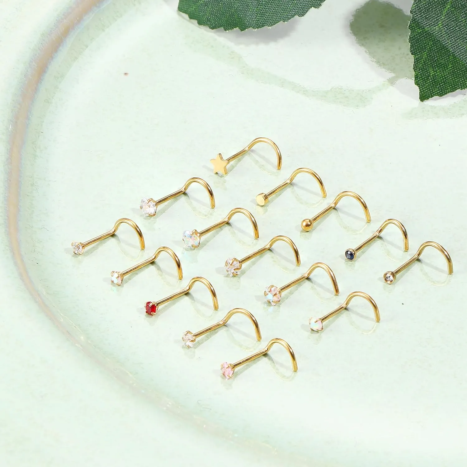 15Pcs 20G Nose Rings Surgical Steel Nose Studs 18G L Shaped Nose Stud Gold Nose Ring Stud CZ Opal Nose Ring Heart Cute L Shape Star Nose Piercing for Women Men
