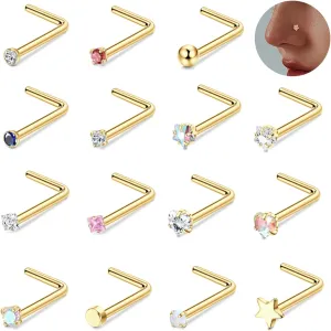 15Pcs 20G Nose Rings Surgical Steel Nose Studs 18G L Shaped Nose Stud Gold Nose Ring Stud CZ Opal Nose Ring Heart Cute L Shape Star Nose Piercing for Women Men
