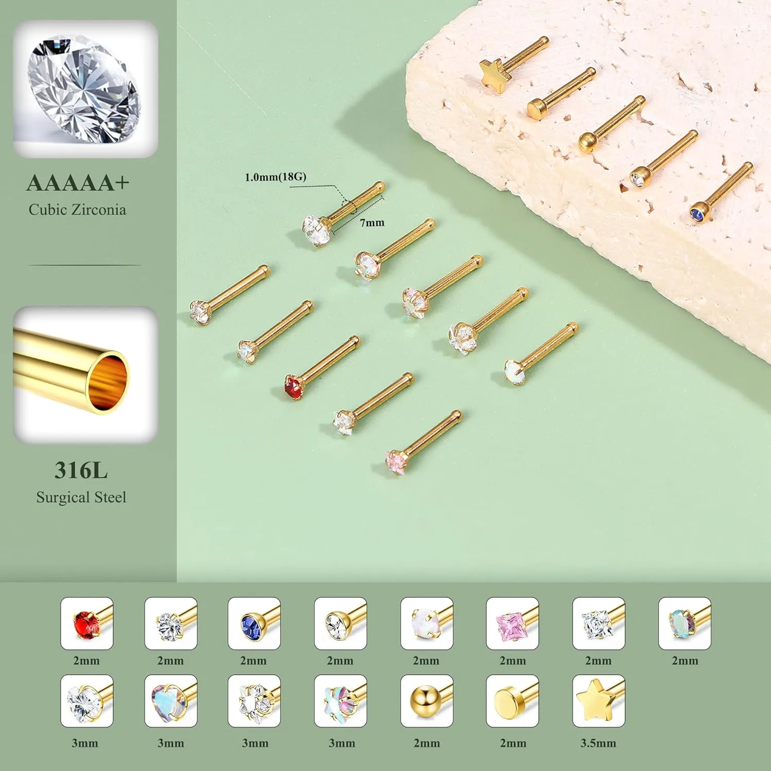 15Pcs 20G Nose Rings Surgical Steel Nose Studs 18G L Shaped Nose Stud Gold Nose Ring Stud CZ Opal Nose Ring Heart Cute L Shape Star Nose Piercing for Women Men