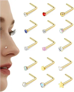 15Pcs 20G Nose Rings Surgical Steel Nose Studs 18G L Shaped Nose Stud Gold Nose Ring Stud CZ Opal Nose Ring Heart Cute L Shape Star Nose Piercing for Women Men