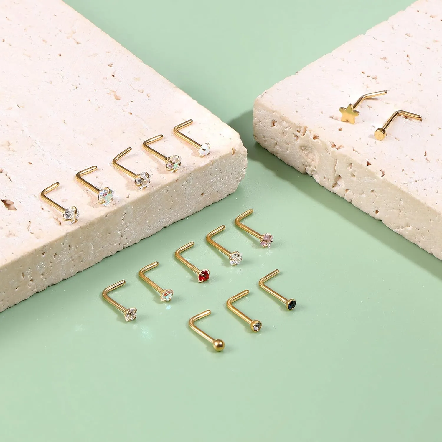 15Pcs 20G Nose Rings Surgical Steel Nose Studs 18G L Shaped Nose Stud Gold Nose Ring Stud CZ Opal Nose Ring Heart Cute L Shape Star Nose Piercing for Women Men