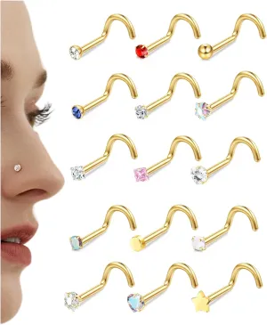 15Pcs 20G Nose Rings Surgical Steel Nose Studs 18G L Shaped Nose Stud Gold Nose Ring Stud CZ Opal Nose Ring Heart Cute L Shape Star Nose Piercing for Women Men