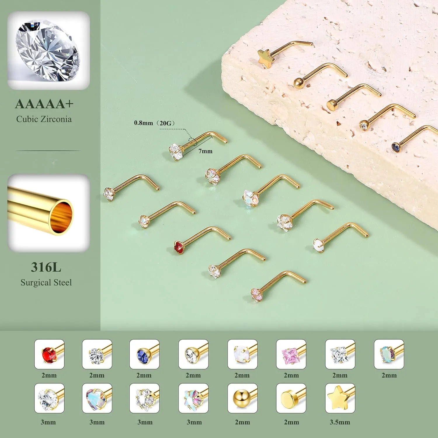 15Pcs 20G Nose Rings Surgical Steel Nose Studs 18G L Shaped Nose Stud Gold Nose Ring Stud CZ Opal Nose Ring Heart Cute L Shape Star Nose Piercing for Women Men