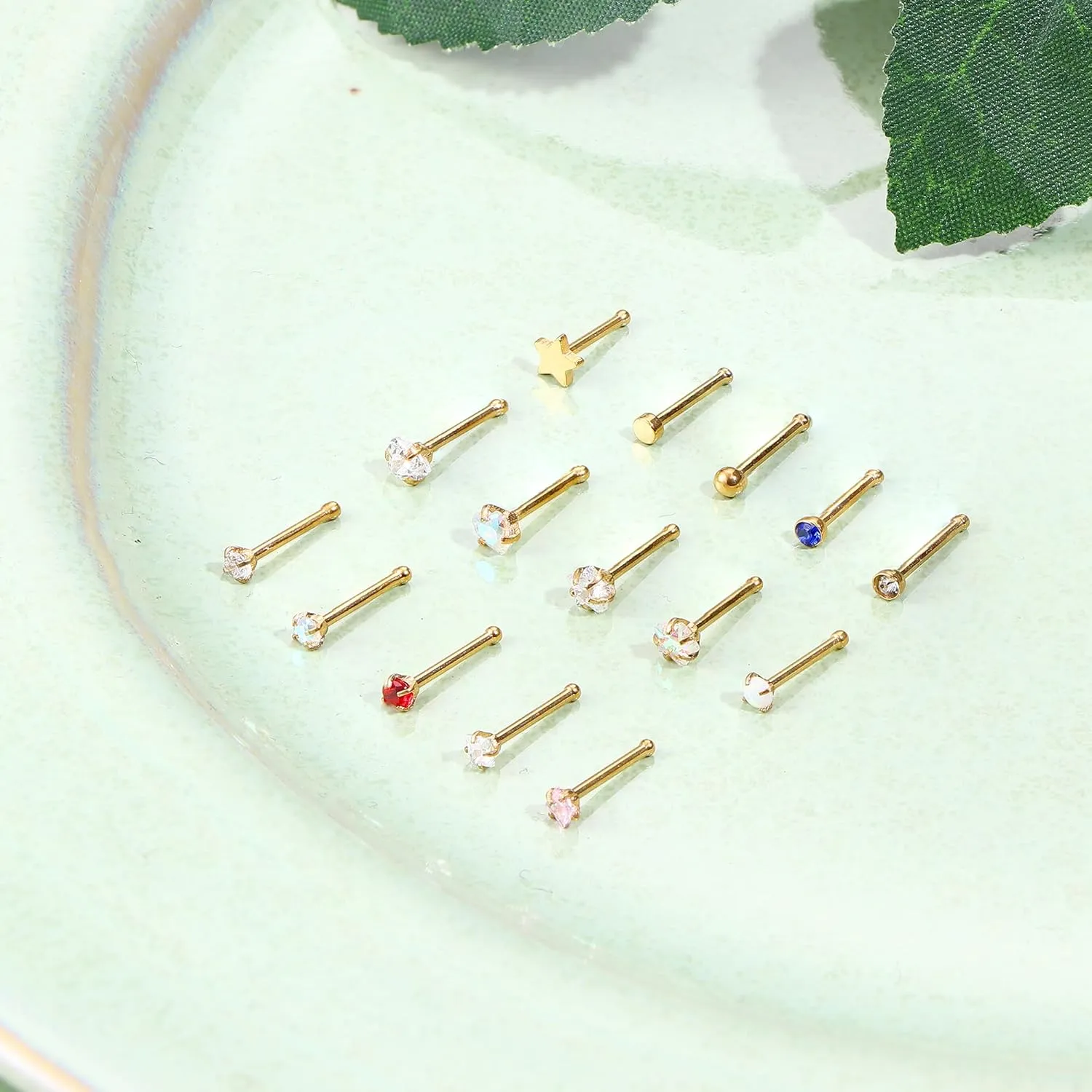 15Pcs 20G Nose Rings Surgical Steel Nose Studs 18G L Shaped Nose Stud Gold Nose Ring Stud CZ Opal Nose Ring Heart Cute L Shape Star Nose Piercing for Women Men