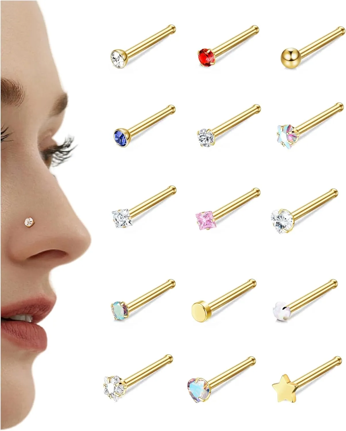 15Pcs 20G Nose Rings Surgical Steel Nose Studs 18G L Shaped Nose Stud Gold Nose Ring Stud CZ Opal Nose Ring Heart Cute L Shape Star Nose Piercing for Women Men