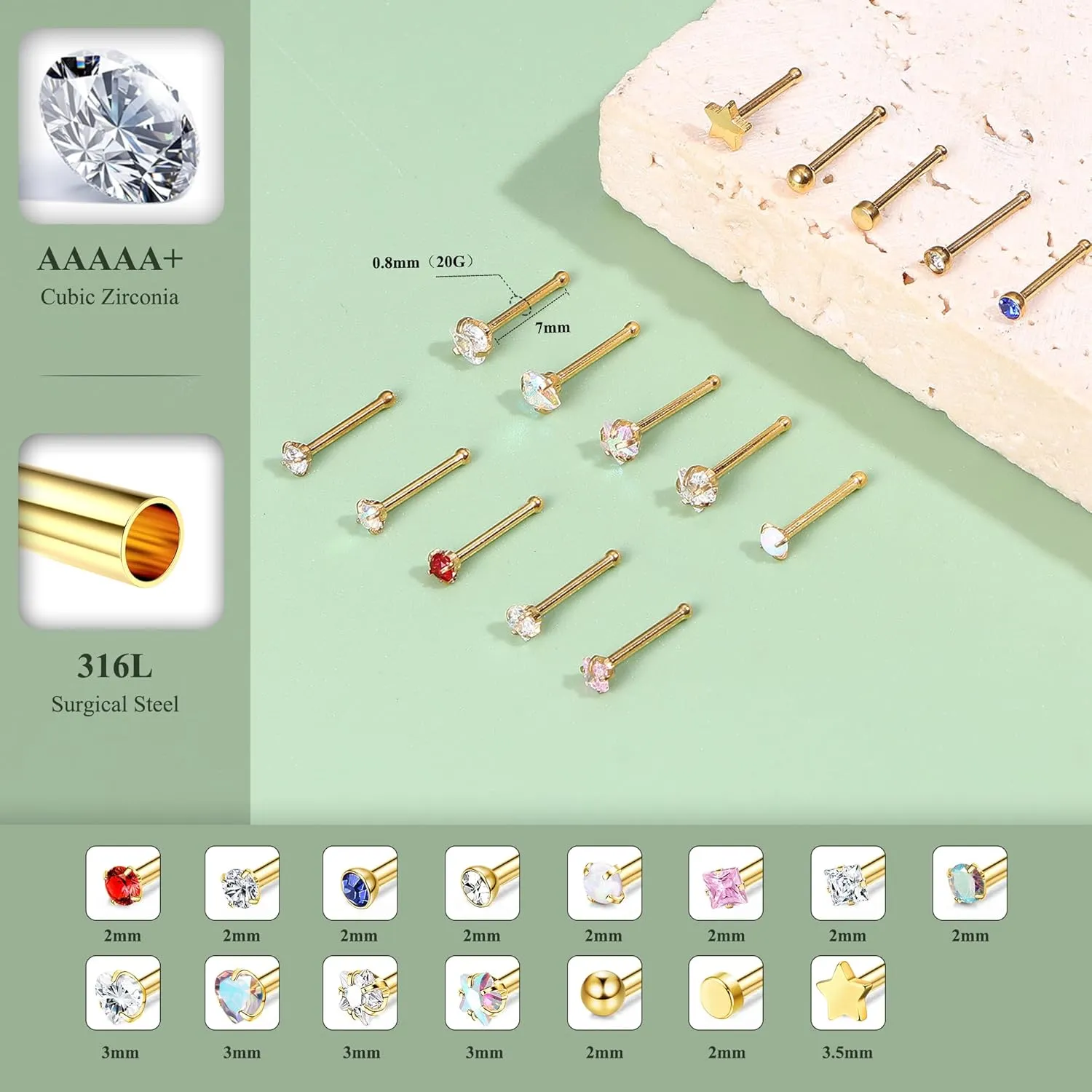 15Pcs 20G Nose Rings Surgical Steel Nose Studs 18G L Shaped Nose Stud Gold Nose Ring Stud CZ Opal Nose Ring Heart Cute L Shape Star Nose Piercing for Women Men