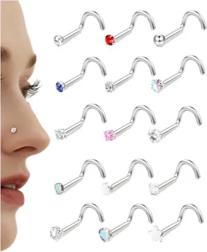 15Pcs 20G Nose Rings Surgical Steel Nose Studs 18G L Shaped Nose Stud Gold Nose Ring Stud CZ Opal Nose Ring Heart Cute L Shape Star Nose Piercing for Women Men