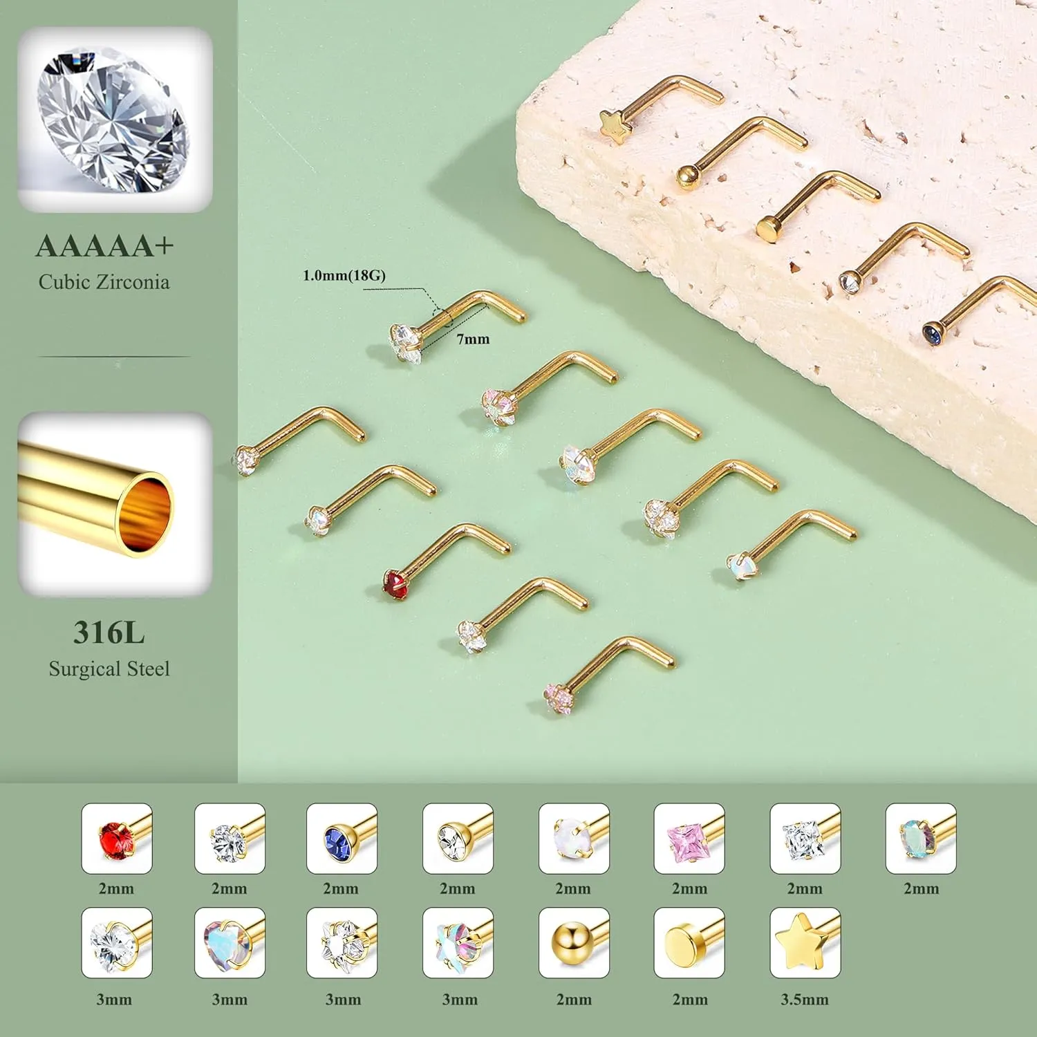 15Pcs 20G Nose Rings Surgical Steel Nose Studs 18G L Shaped Nose Stud Gold Nose Ring Stud CZ Opal Nose Ring Heart Cute L Shape Star Nose Piercing for Women Men