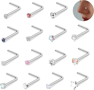 15Pcs 20G Nose Rings Surgical Steel Nose Studs 18G L Shaped Nose Stud Gold Nose Ring Stud CZ Opal Nose Ring Heart Cute L Shape Star Nose Piercing for Women Men