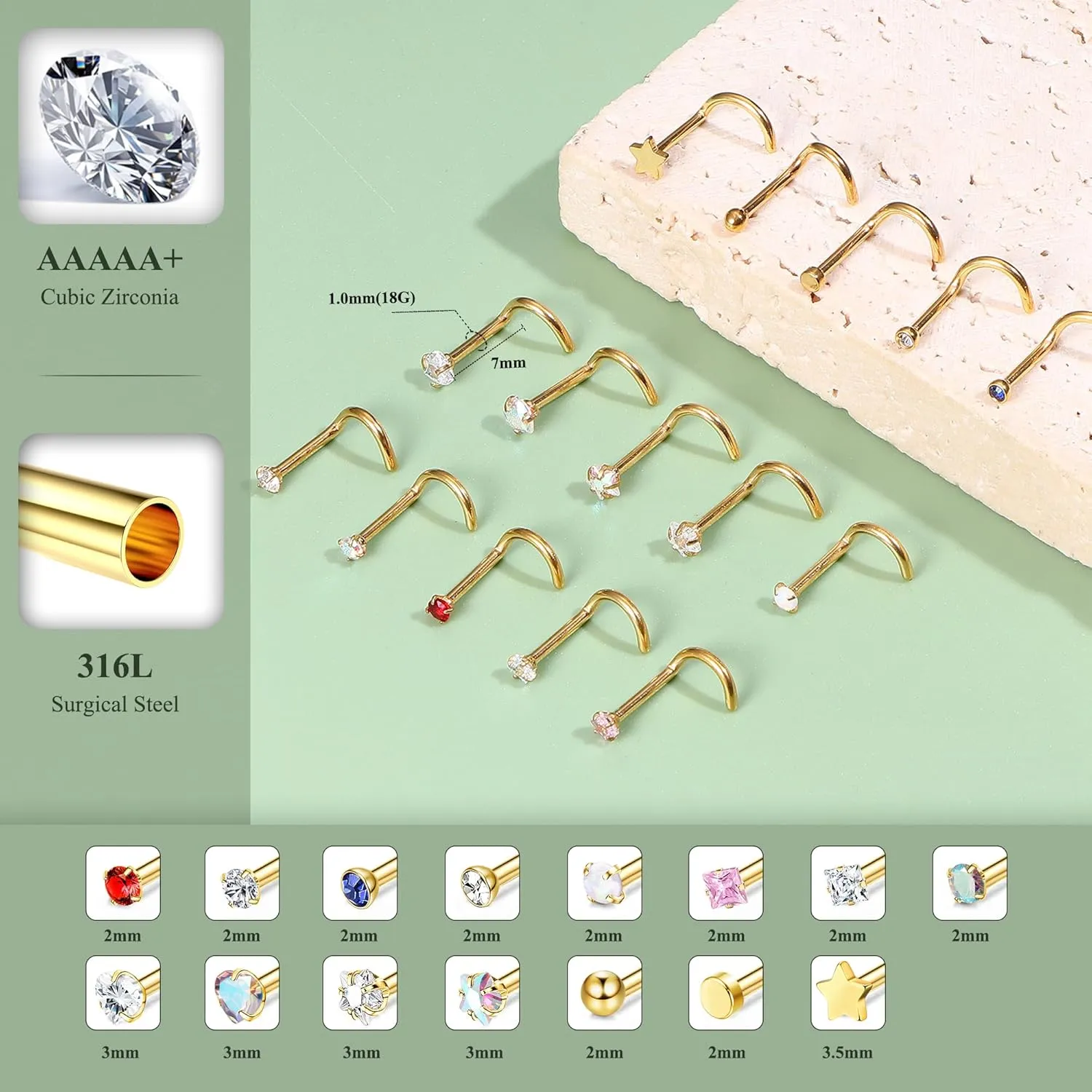 15Pcs 20G Nose Rings Surgical Steel Nose Studs 18G L Shaped Nose Stud Gold Nose Ring Stud CZ Opal Nose Ring Heart Cute L Shape Star Nose Piercing for Women Men