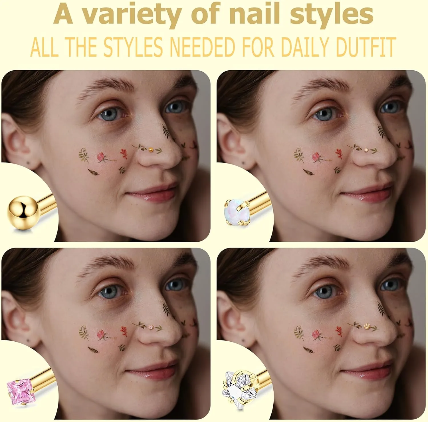 15Pcs 20G Nose Rings Surgical Steel Nose Studs 18G L Shaped Nose Stud Gold Nose Ring Stud CZ Opal Nose Ring Heart Cute L Shape Star Nose Piercing for Women Men