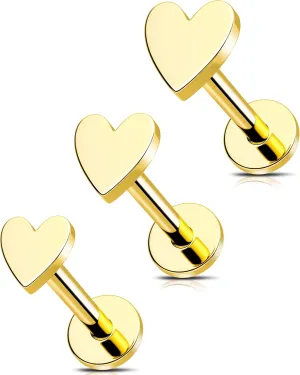 16G/18G/20G Gold Flat Back Nose Studs for Women, 3Pcs Heart 316L Stainless Steel Threadless Flat Back Stud Earrings, Nose Piercings Tragus Earrings Gold Cartilage Lip Medusa Conch Piercings