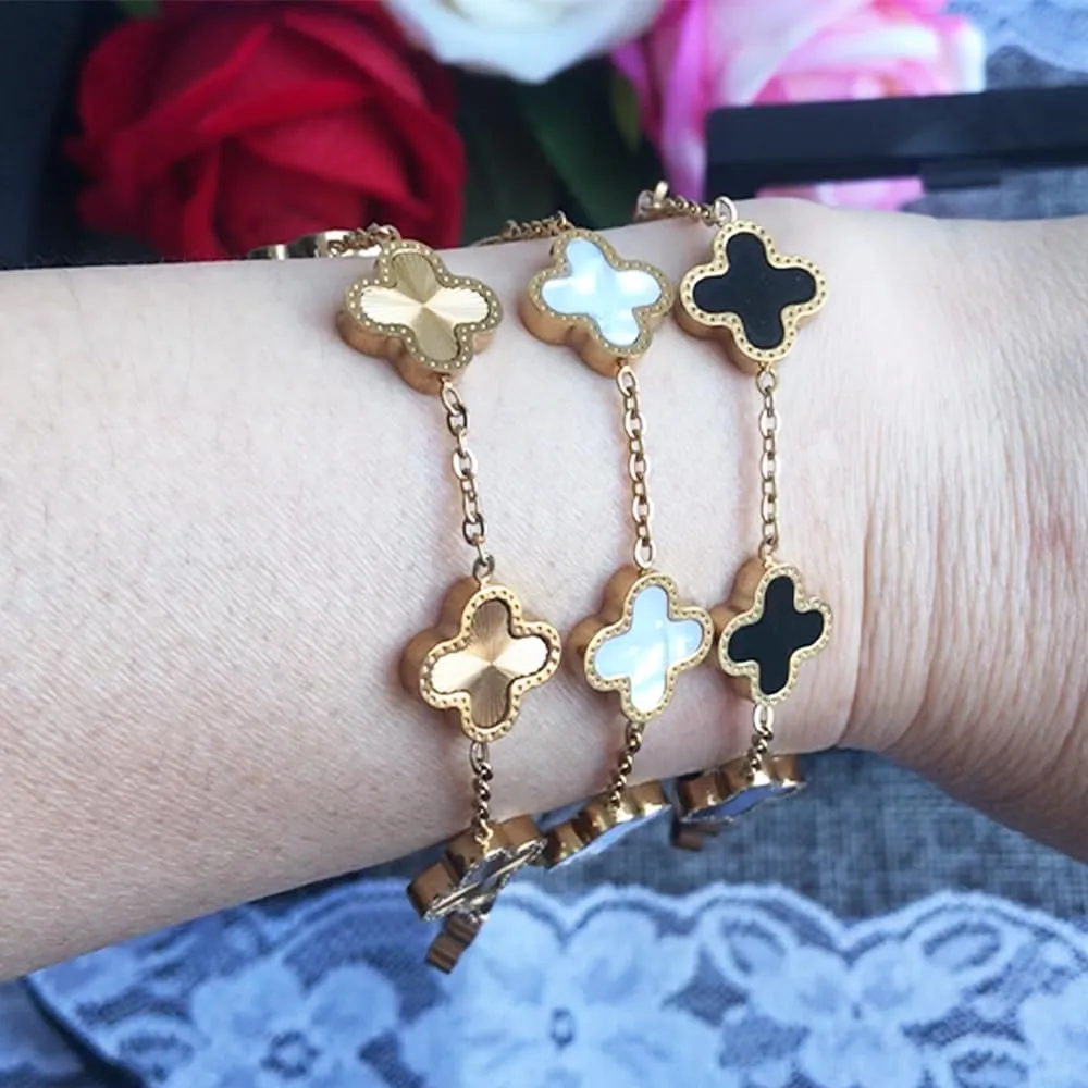 18K Gold Plated Lucky Clover Bracelet for Women Simple Four Leaf Adjustable Link Double-Sided Bracelets Cute Jewelry