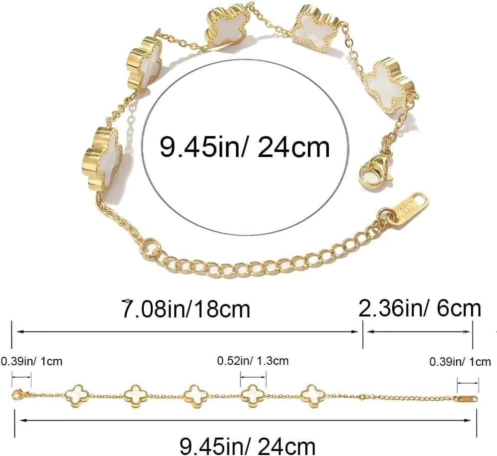 18K Gold Plated Lucky Clover Bracelet for Women Simple Four Leaf Adjustable Link Double-Sided Bracelets Cute Jewelry