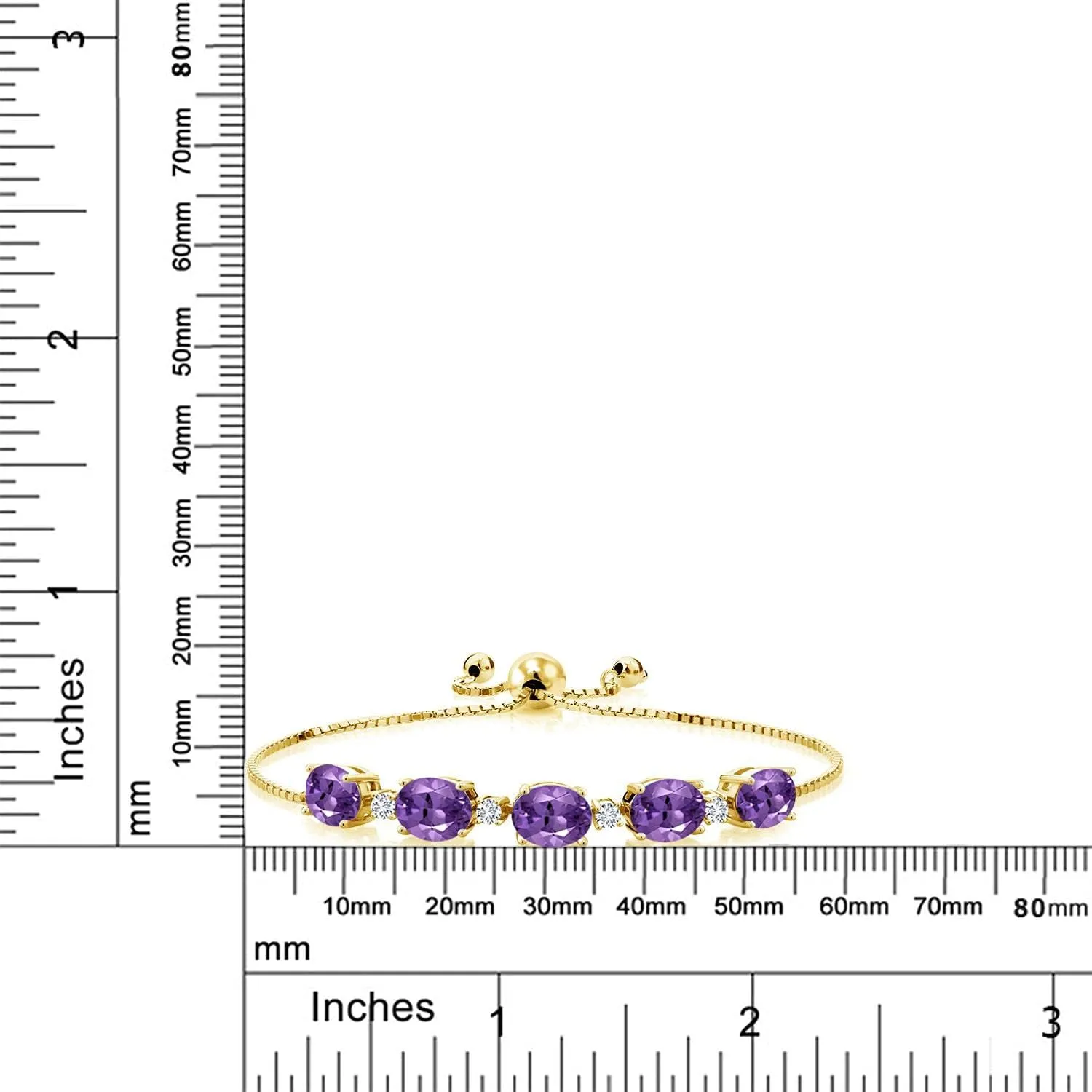 18K Yellow Gold Plated Silver Gemstone Birthstone and White Lab Grown Diamond Tennis Bracelet for Women | Oval 8X6MM with Round 2.5MM Accents | Adjustable Bolo Chain | Fine Jewelry for Her Mom Wife