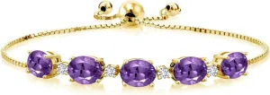 18K Yellow Gold Plated Silver Gemstone Birthstone and White Lab Grown Diamond Tennis Bracelet for Women | Oval 8X6MM with Round 2.5MM Accents | Adjustable Bolo Chain | Fine Jewelry for Her Mom Wife