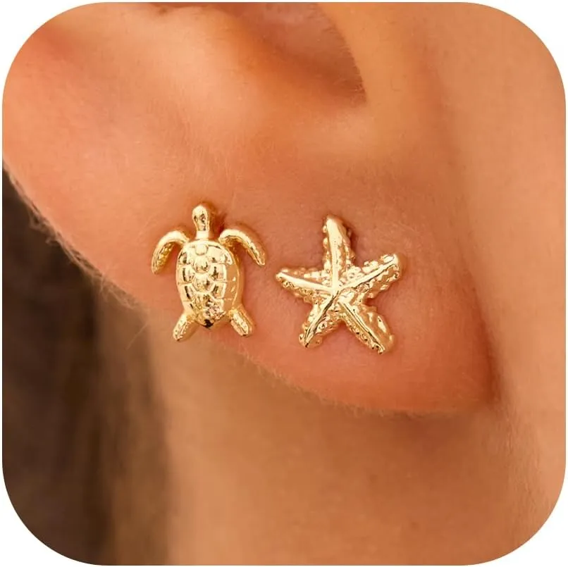 2 Pairs Small Sea Animal Earrings for Women  14K Gold Plated Stud Earrings Set, Dainty Ocean-Inspired Jewelry for Beach Summer