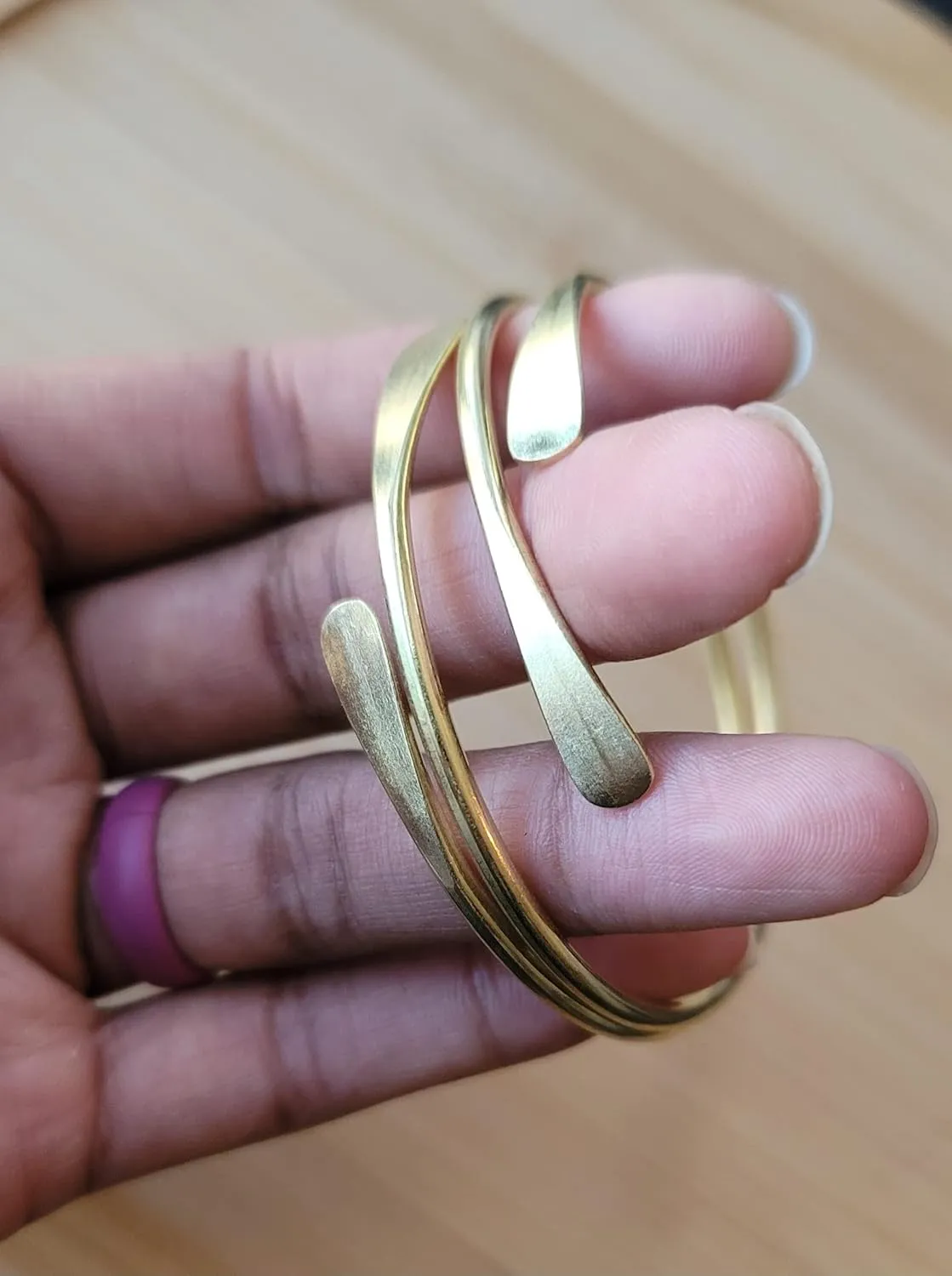 2 Raw Brass Cuff Bracelets Set, African Brass Bangles For Women, Hammered Ends Stacking Bracelets, Boho Tribal Cultural Jewelry (Set Of 2)