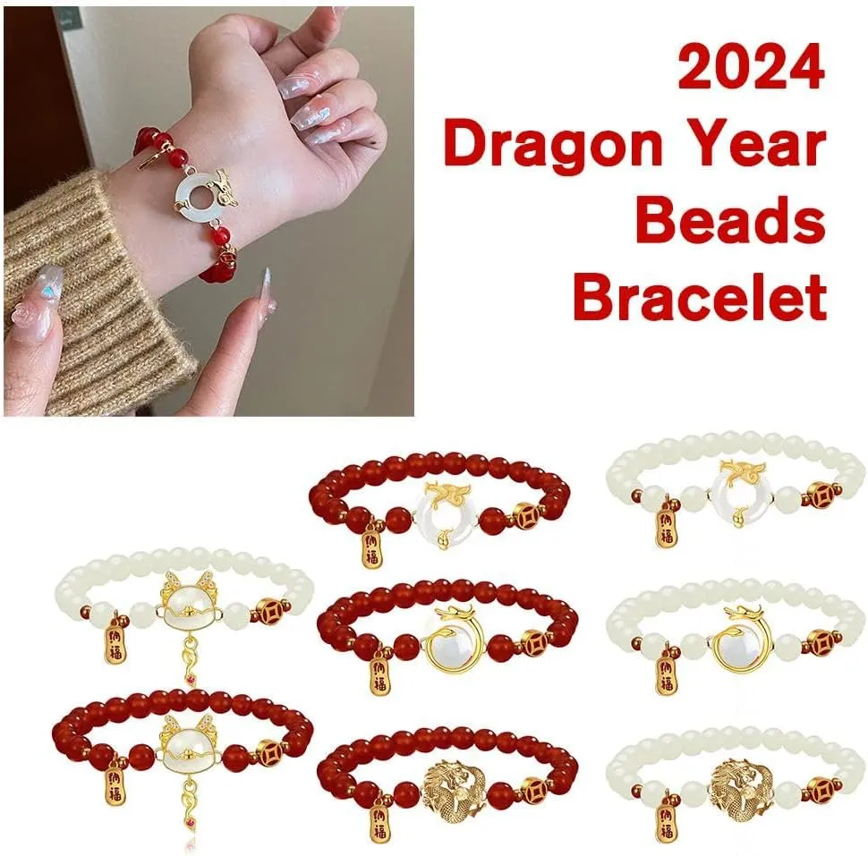 2024 New Year of Dragon Beaded Strech Bracelet, Adjustable Chinese Zodiac Animal Dragon Charm Bracelet Lucky Dragon Bracelets New Year Auspicious Jewelry Gifts