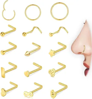 20g 316L Surgical Steel Nose Rings Hoop for Women Men,Hypoallergenic L Shape Nose Studs Corkscrew Studs Pack | Multi-Use Helix Cartilage Earrings Piercing 15Pcs