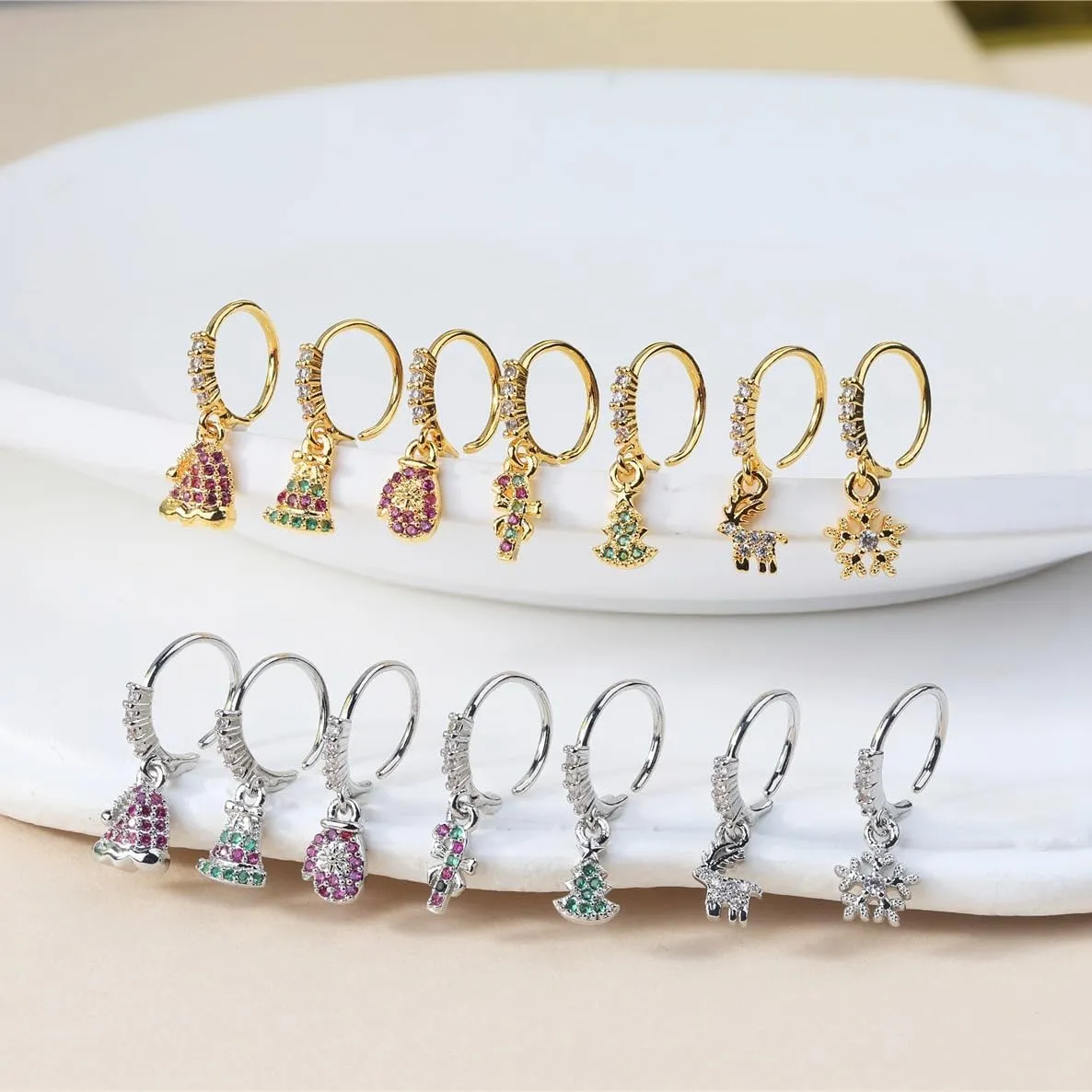 20G Christmas Themed Dangle Nose Rings Hoops for Women 14K Gold Plated Cubic Zirconia Christmas Tree Hat Deer Snowflake Gloves Hoop Nose Rings Dangling Xmas Nostril Nose Piercing Jewelry