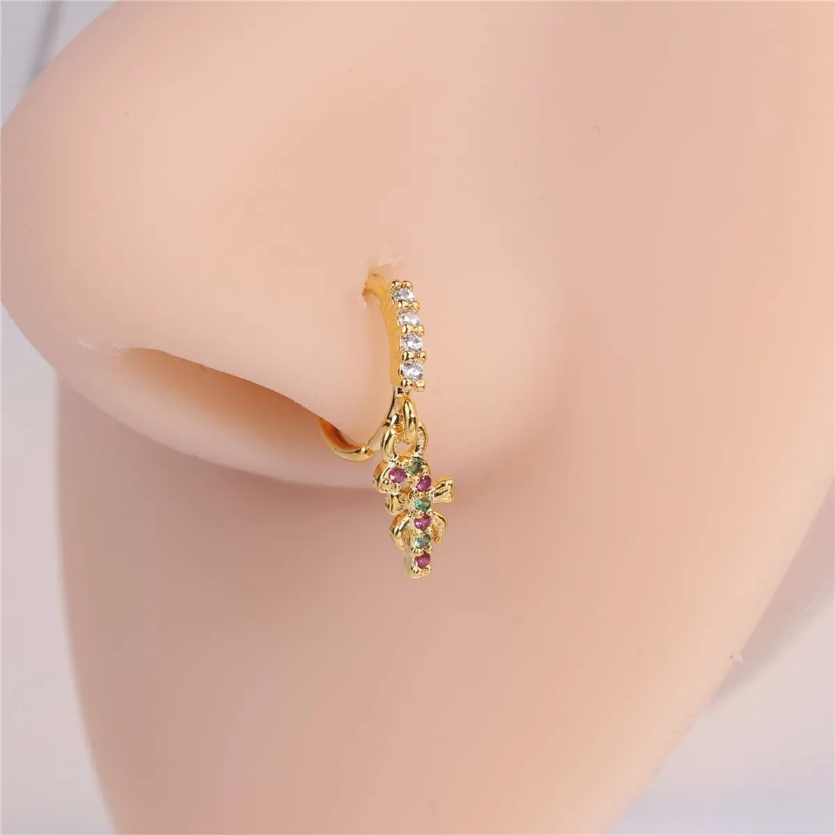 20G Christmas Themed Dangle Nose Rings Hoops for Women 14K Gold Plated Cubic Zirconia Christmas Tree Hat Deer Snowflake Gloves Hoop Nose Rings Dangling Xmas Nostril Nose Piercing Jewelry