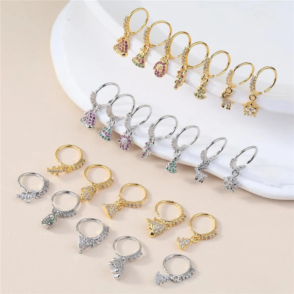 20G Christmas Themed Dangle Nose Rings Hoops for Women 14K Gold Plated Cubic Zirconia Christmas Tree Hat Deer Snowflake Gloves Hoop Nose Rings Dangling Xmas Nostril Nose Piercing Jewelry