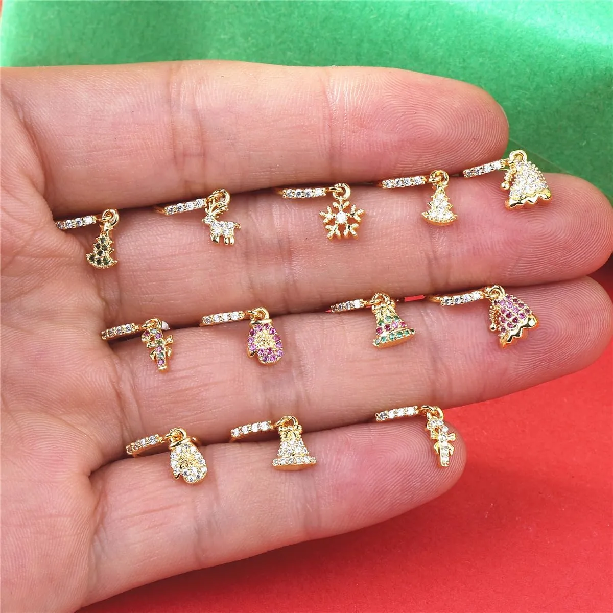 20G Christmas Themed Dangle Nose Rings Hoops for Women 14K Gold Plated Cubic Zirconia Christmas Tree Hat Deer Snowflake Gloves Hoop Nose Rings Dangling Xmas Nostril Nose Piercing Jewelry