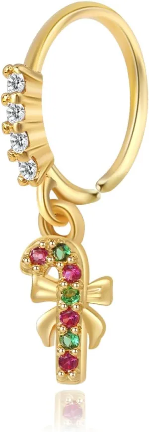 20G Christmas Themed Dangle Nose Rings Hoops for Women 14K Gold Plated Cubic Zirconia Christmas Tree Hat Deer Snowflake Gloves Hoop Nose Rings Dangling Xmas Nostril Nose Piercing Jewelry