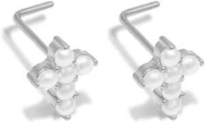 20G L-Shaped Pearl Cross Nose Stud Rings for Women Hypoallergenic Stainless Steel Nose Studs Ring Dainty Nostril Piercing Jewelry 2Pcs