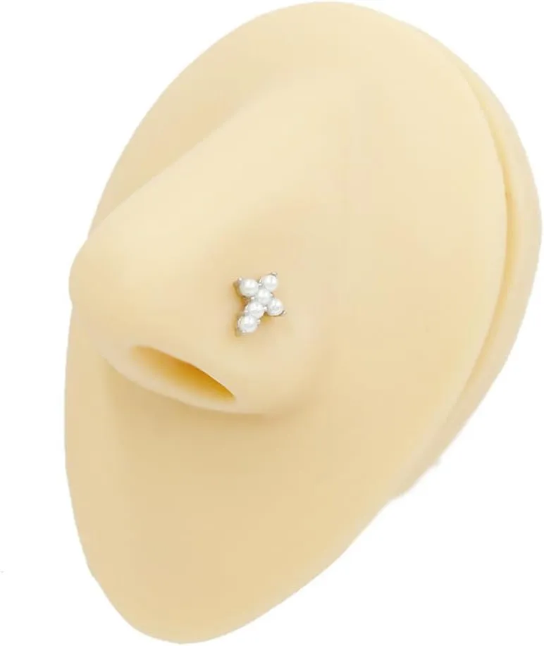20G L-Shaped Pearl Cross Nose Stud Rings for Women Hypoallergenic Stainless Steel Nose Studs Ring Dainty Nostril Piercing Jewelry 2Pcs