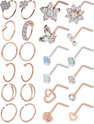 20G Nose Rings Hoops 316L Stainless Surgical Steel Hypoallergenic Nose Rings Studs Piercing Jewelry for Women Men Diamond Clear CZ Silver Gold Black Rainbow Rose Gold