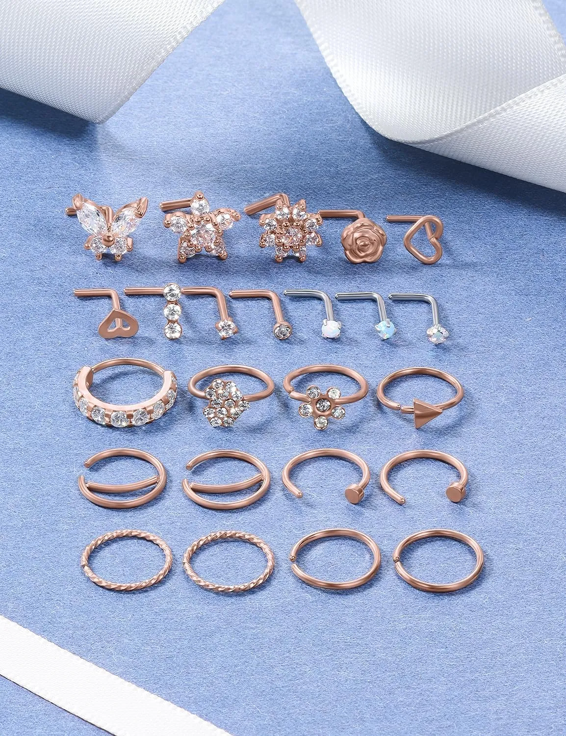 20G Nose Rings Hoops 316L Stainless Surgical Steel Hypoallergenic Nose Rings Studs Piercing Jewelry for Women Men Diamond Clear CZ Silver Gold Black Rainbow Rose Gold