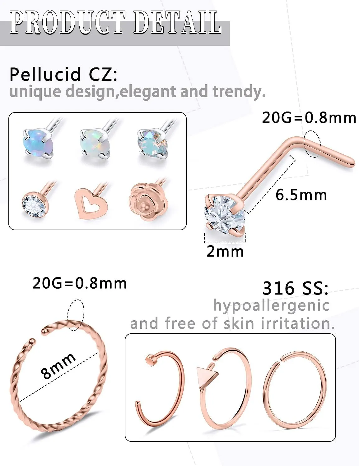 20G Nose Rings Hoops 316L Stainless Surgical Steel Hypoallergenic Nose Rings Studs Piercing Jewelry for Women Men Diamond Clear CZ Silver Gold Black Rainbow Rose Gold