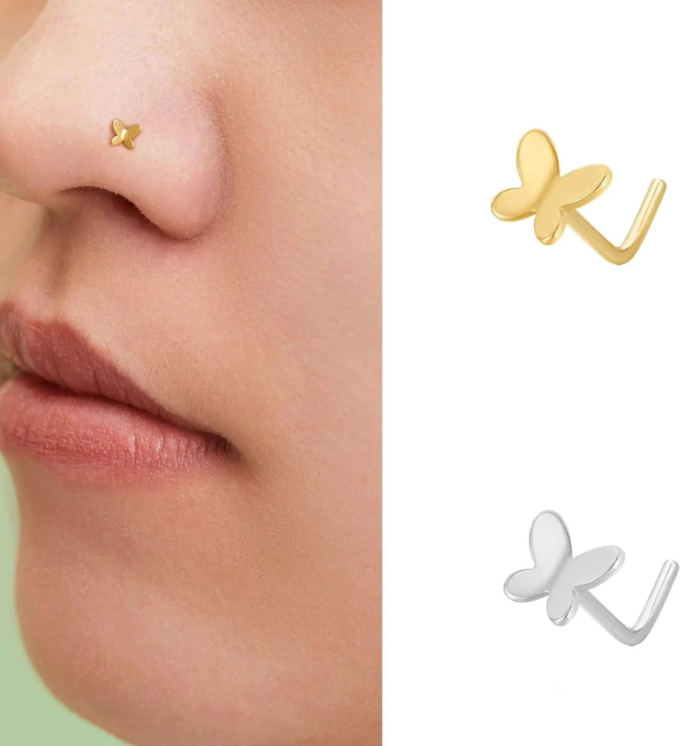 20G Small Butterfly Nose Studs Rings for Women Hypoallergenic S925 Sterling Silver L-Shaped Nose Ring Simple Nostril Piercing Jewelry