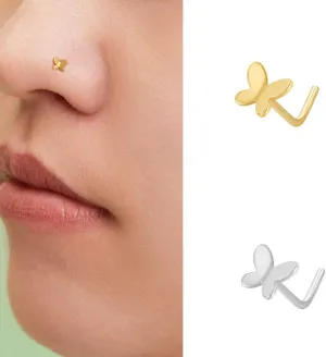 20G Small Butterfly Nose Studs Rings for Women Hypoallergenic S925 Sterling Silver L-Shaped Nose Ring Simple Nostril Piercing Jewelry