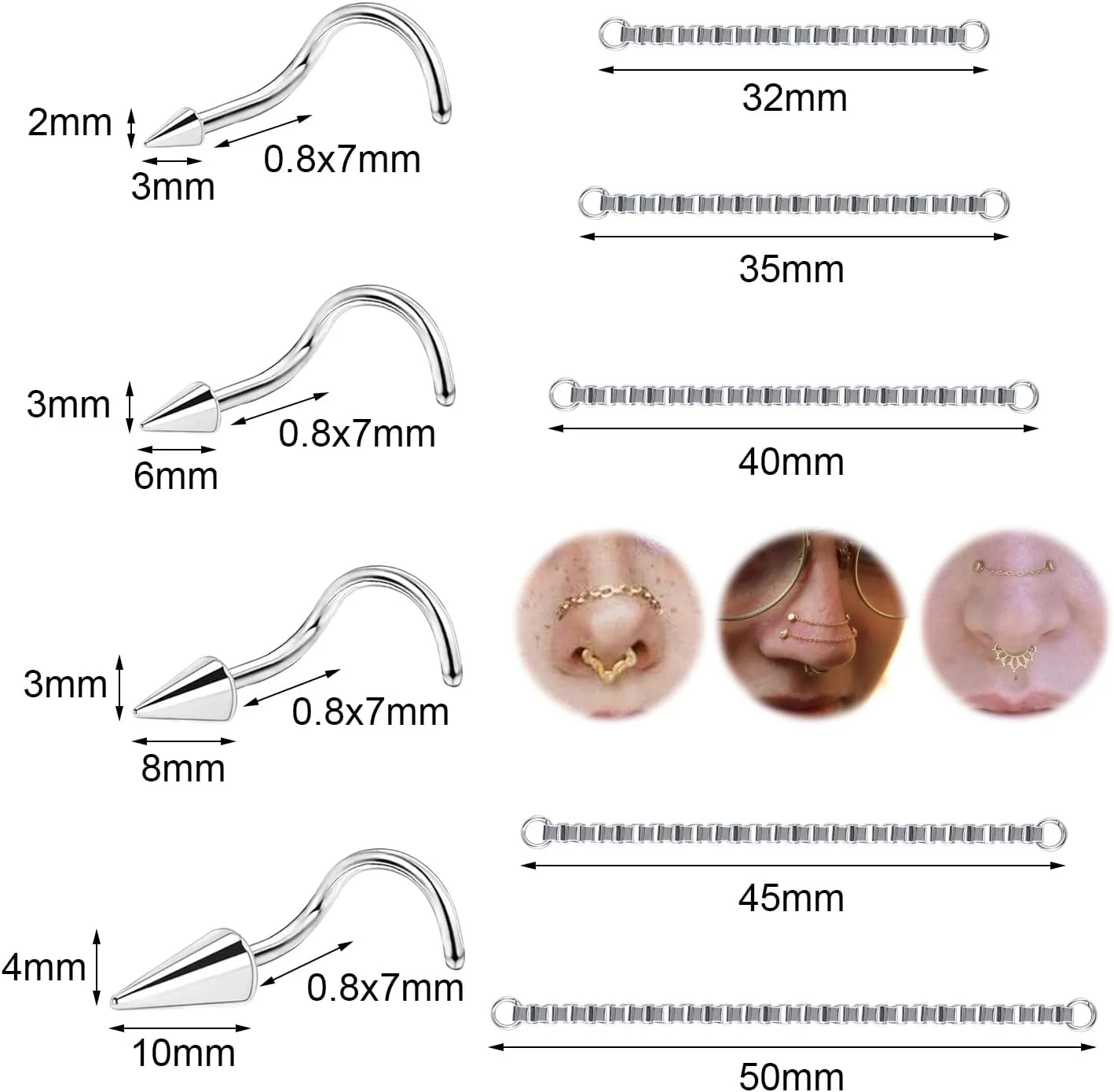 20G Spike Nose Rings Studs with Chains Stainless Steel Spike Nostril Ring Stud Chain Black Rook Corkscrew Ring L-Shaped Nose Piercing Jewelry Nose Piercing Stud Lip Piercing Jewelry Black Silver Gold
